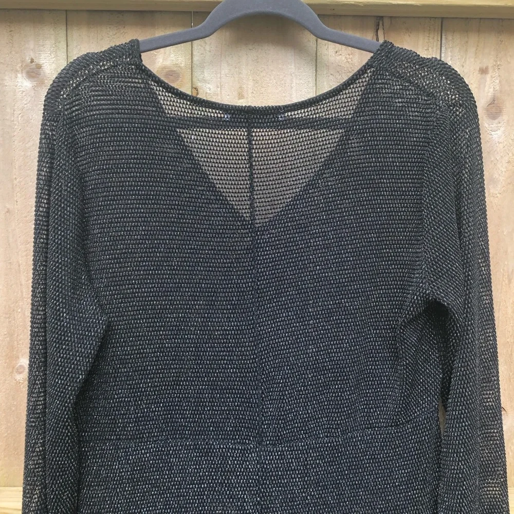 Zara Black Mesh Midi Dress Size L Long Sleeve Metallic Swim Cover V-neck Stretch - Picture 8 of 10